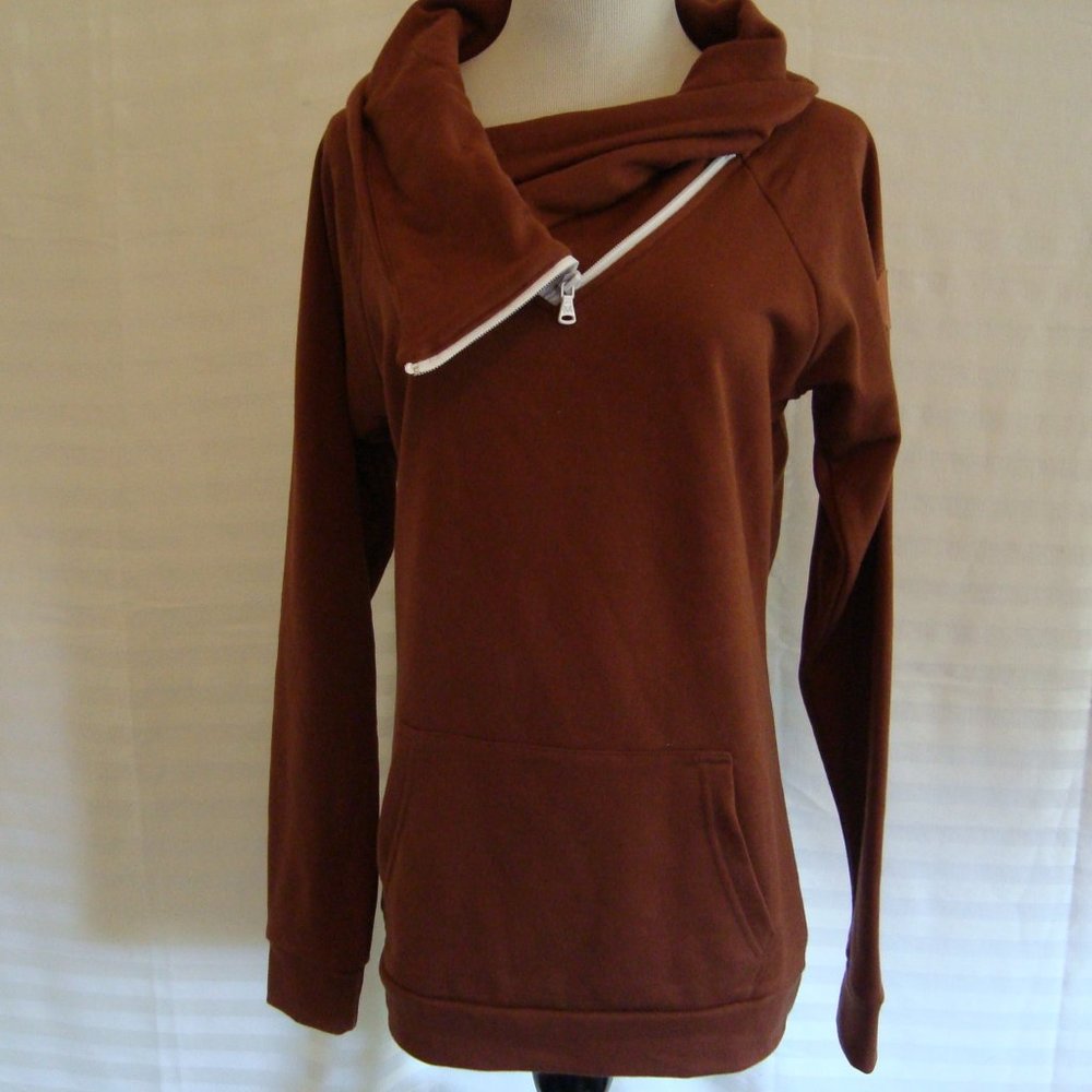NEW MICHELLE MAE Classic Zip Cowl Neck Sweatshirt Brown sz S
